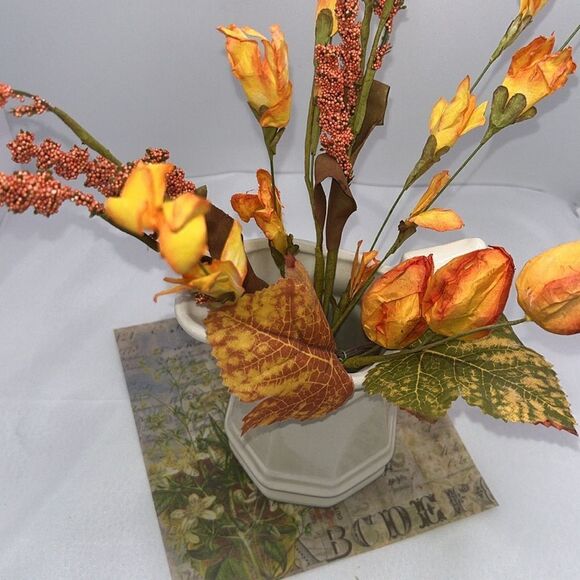 Farmhouse Cream Creamer Ceramic Pitcher with Fall Autumn Faux Flowers - Picture 2 of 13
